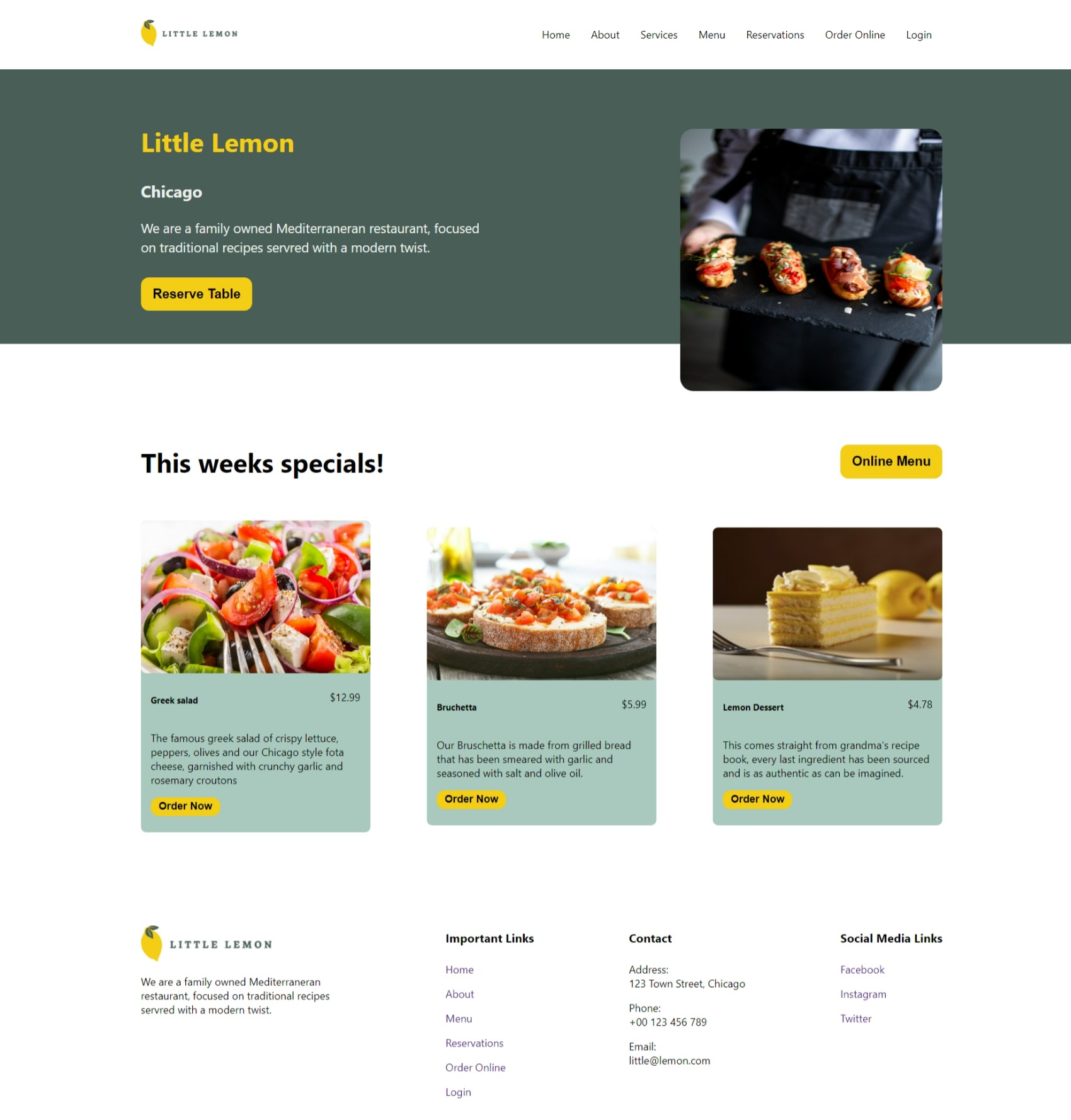Little Lemon restaurant website showing its reservation call to action and menu
